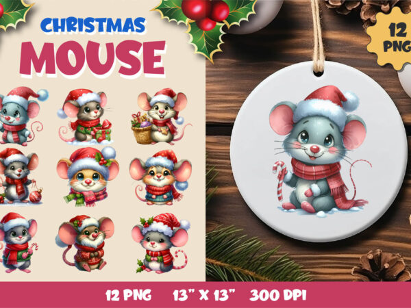 Christmas mouse, watercolour, png. t shirt vector file