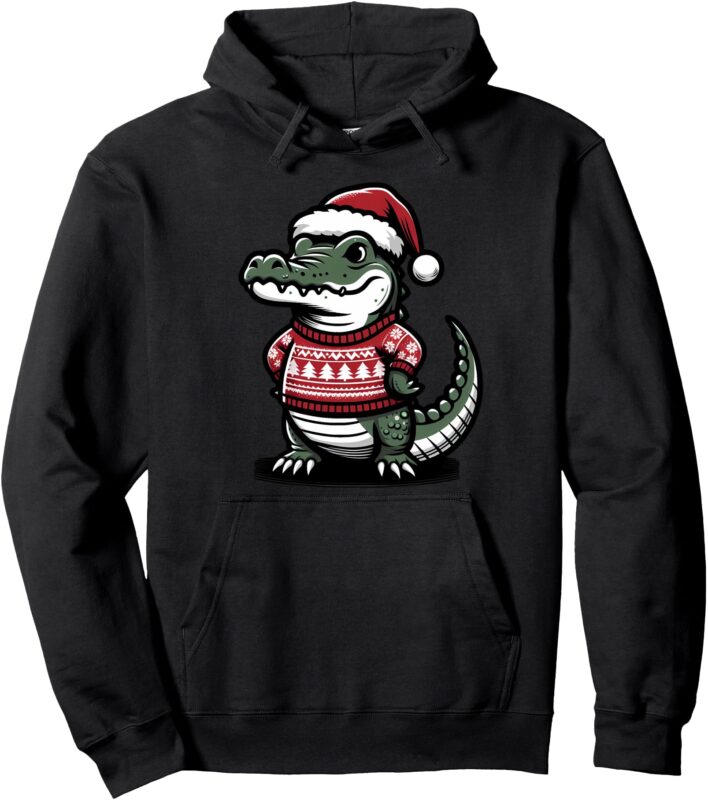 Cute Alligator With Santa Hat Christmas Xmas Florida Cartoon Pullover Hoodie