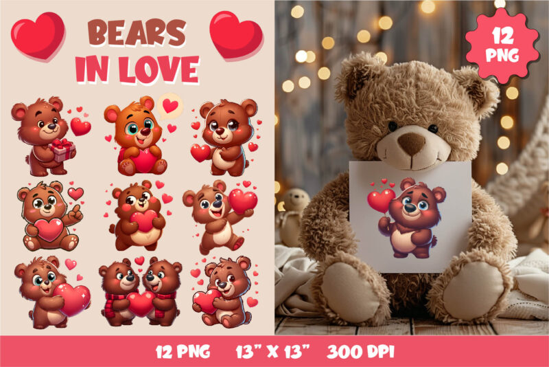 Cute Bear in Love. Valentine’s Day, PNG.