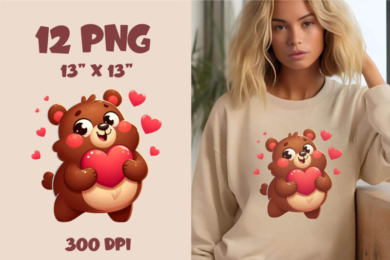 Cute Bear in Love. Valentine’s Day, PNG.