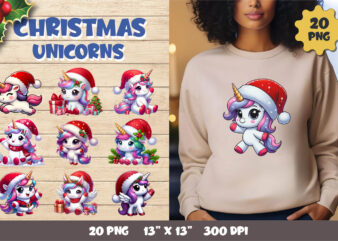 Cute Christmas Unicorns. Clipart, PNG.