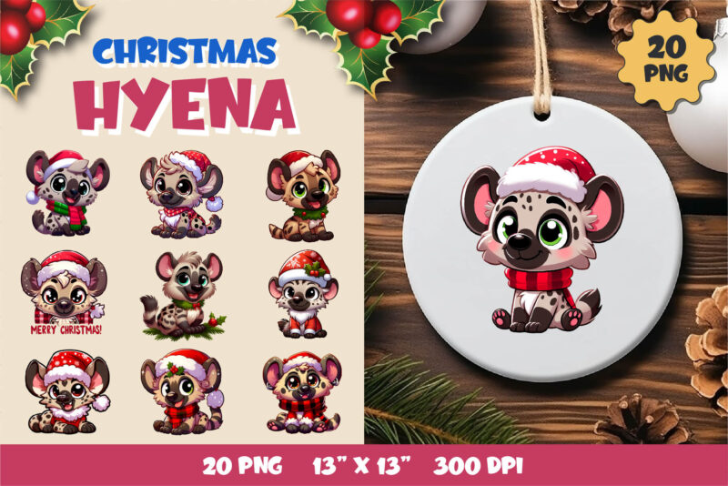 Cute Christmas hyena. Clipart, PNG.