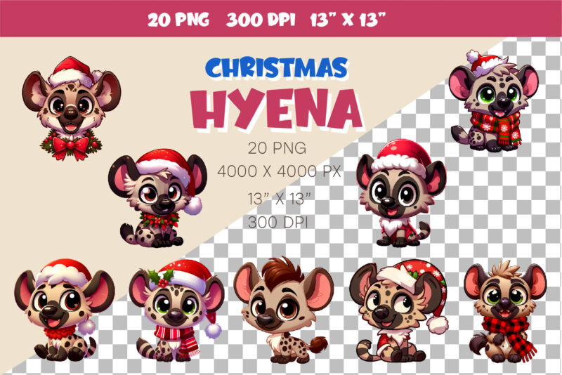 Cute Christmas hyena. Clipart, PNG.