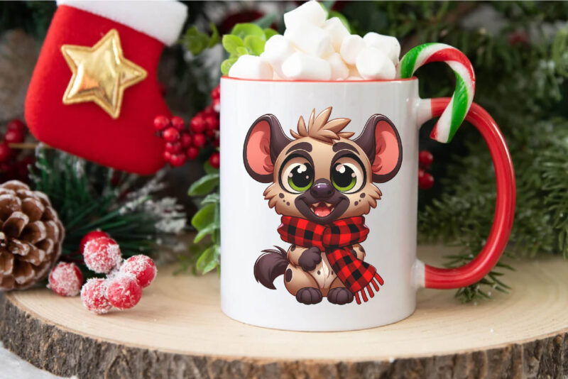 Cute Christmas hyena. Clipart, PNG.