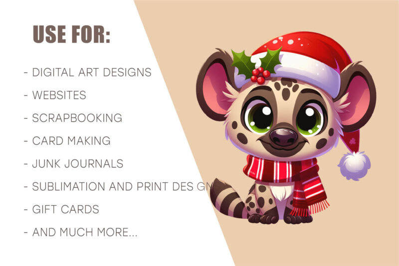 Cute Christmas hyena. Clipart, PNG.