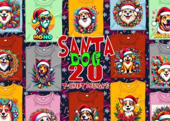 Colourful Christmas Dog Santa Claus t-shirt design bundle of 20 designs – download instantly Retro Vintage T-shirt Bundle