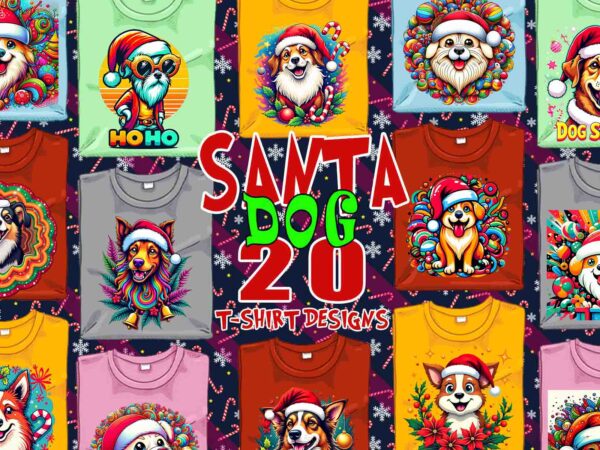 Colourful christmas dog santa claus t-shirt design bundle of 20 designs – download instantly retro vintage t-shirt bundle