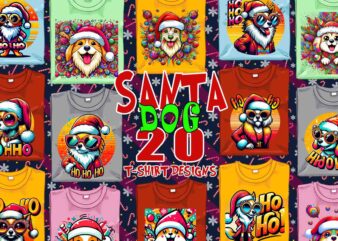 Trendy Christmas Dog Santa Claus t-shirt design bundle of 20 design