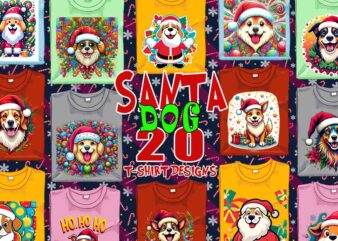 Trendy Christmas Dog Santa Claus t-shirt design bundle of 20 png & jpeg designs – download instantly Retro Vintage T-shirt Design Bundle