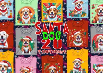 Colourful Christmas Dog Santa Claus t-shirt design bundle of 20 designs – download instantly Retro Vintage T-shirt Bundle