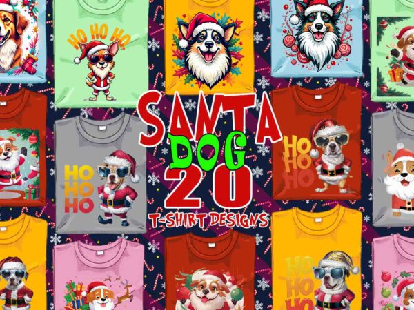 Funny christmas dog santa claus t-shirt design bundle of 20 designs – download instantly retro vintage bundle