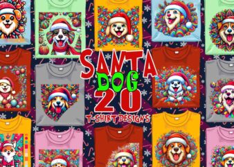 Trendy Christmas Dog Santa Claus t-shirt design bundle of 20 png & jpeg designs – download instantly Retro Vintage T-shirt Design Bundle