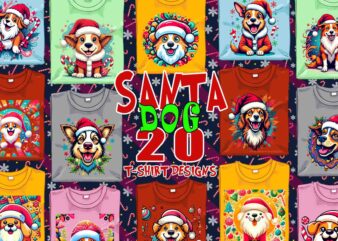 Funny Christmas Dog Santa Claus t-shirt design bundle of 20 design