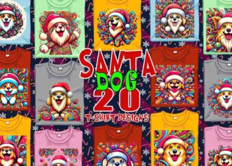 Popular Christmas Dog Santa Claus t-shirt design bundle of 20 design