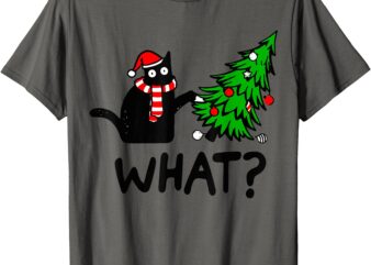 Funny Black Cat Gift Pushing Christmas Tree Over Cat What_ T-Shirt