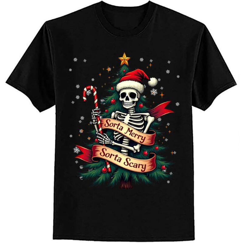 Funny Christmas Skeleton Sorta Merry Sorta Scary Feral Xmas T-Shirt ltsp