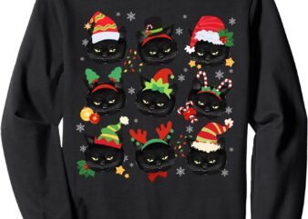 Funny Cute Black Cat Faces Santa Hat Merry Christmas Lights Sweatshirt