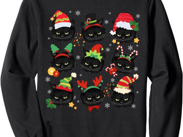 Funny cute black cat faces santa hat merry christmas lights sweatshirt