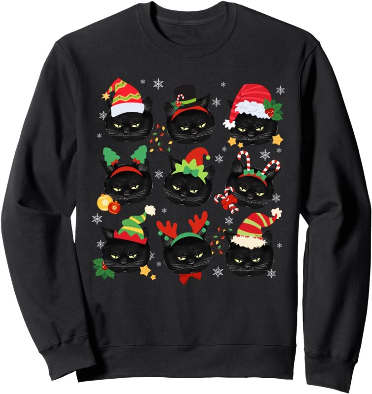 Funny Cute Black Cat Faces Santa Hat Merry Christmas Lights Sweatshirt