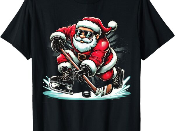 Funny santa playing ice hockey lovers boys girls christmas t-shirt