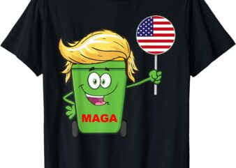 Funny Trump MAGA Cartoon Garbage Can American Flag T-Shirt