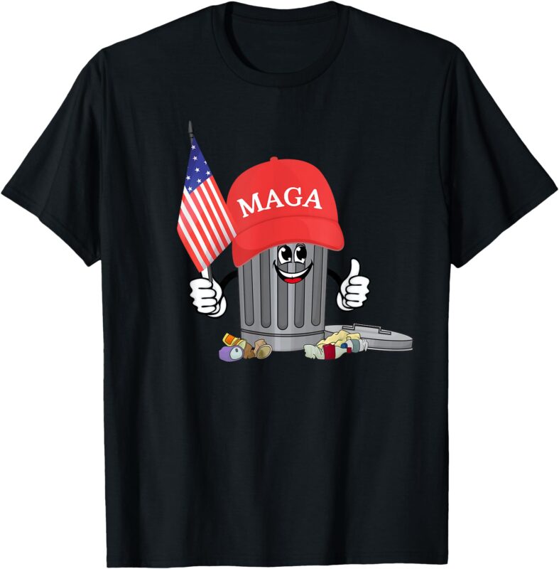 Funny Trump MAGA Garbage Can Cartoon Character American Flag T-Shirt