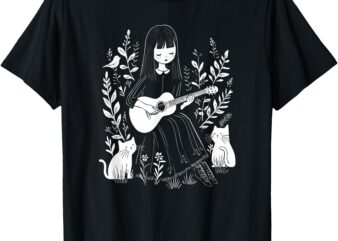 Girl Playing Guitar With Cats And Bird Illustration T-Shirt