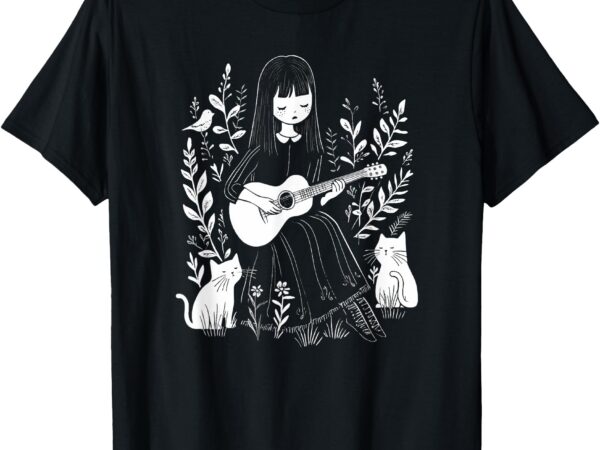 Girl playing guitar with cats and bird illustration t-shirt