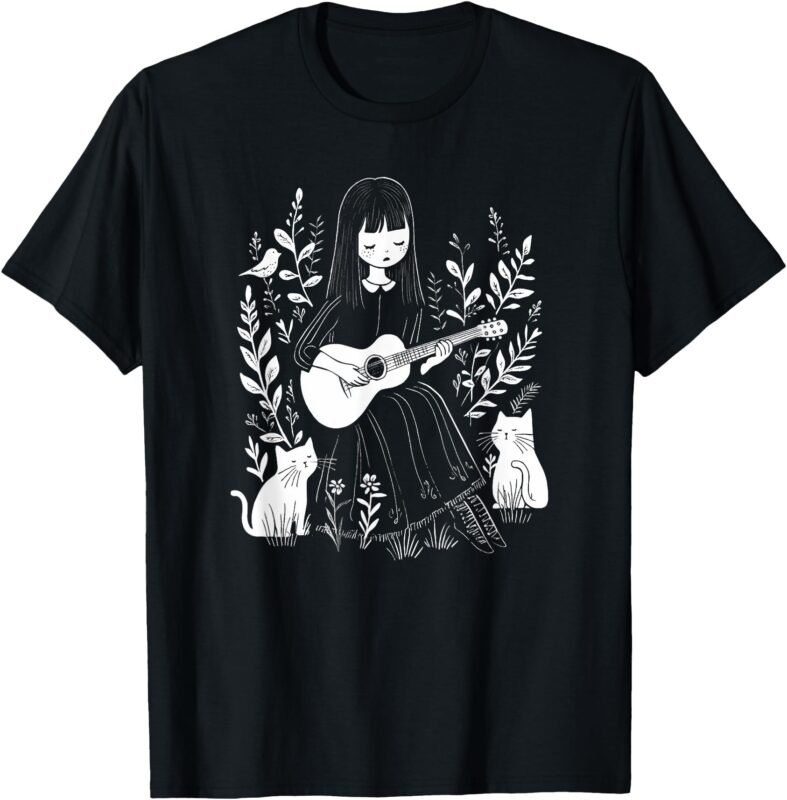 Girl Playing Guitar With Cats And Bird Illustration T-Shirt