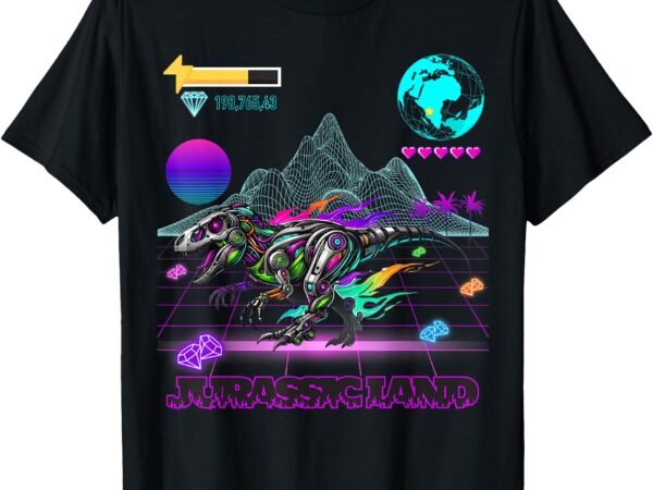 Image on back logo front t-rex robot dino video game style t-shirt