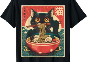 Kawaii Cat Anime Gifts Cat Ramen Graphic Tee Japanese Funny T-Shirt