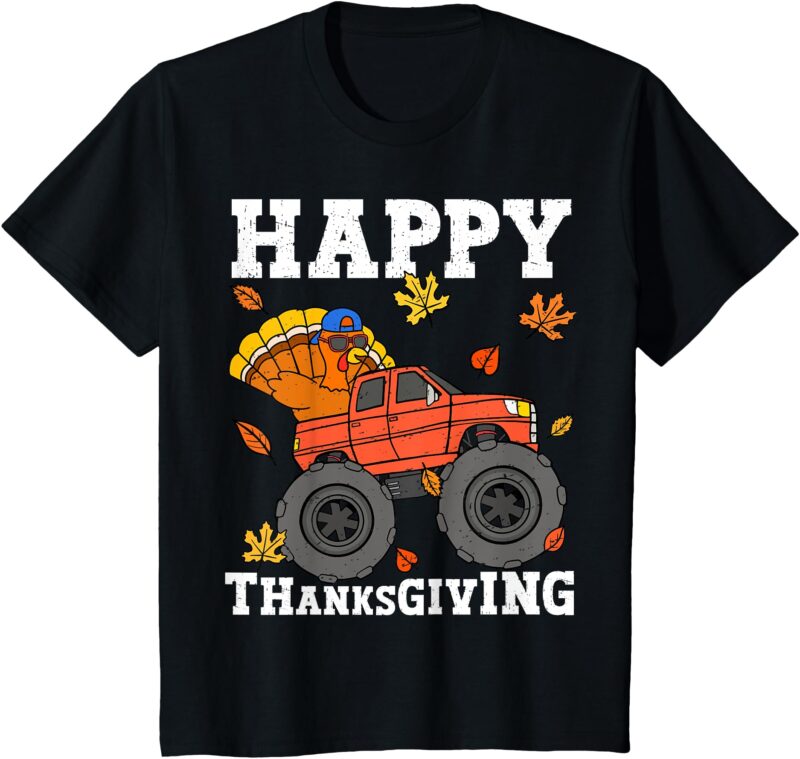 Kids Monster Truck Turkey Happy Thanksgiving Kids Toddler Boys T-Shirt