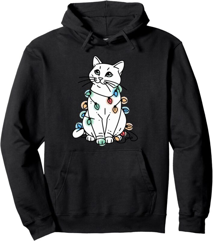 Kitty with Christmas Lights Pullover Hoodie