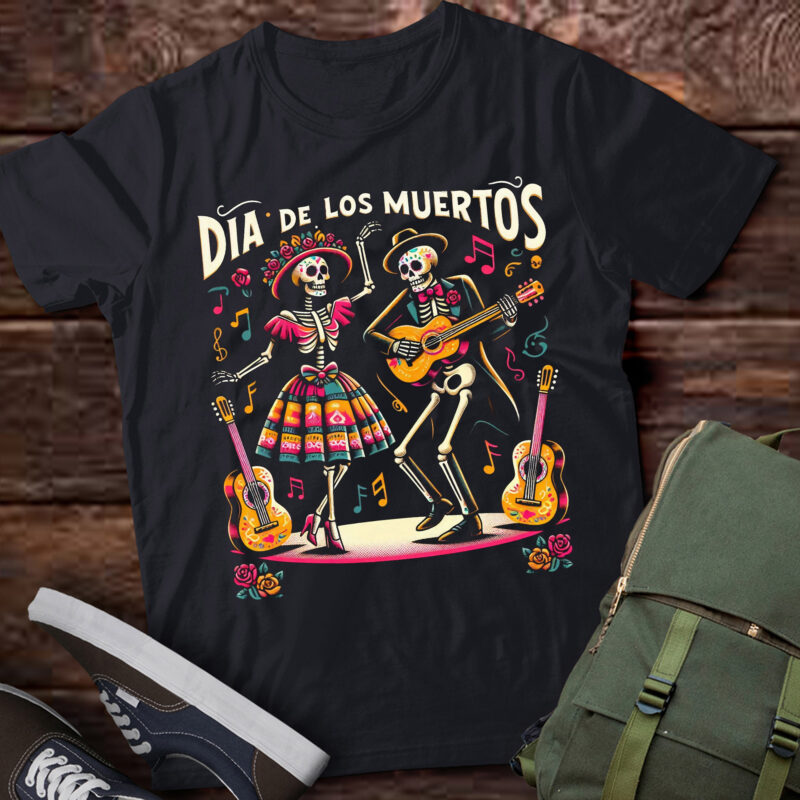 LT708-Dia De Los Muertos Dancing Skeletons Guitar Day Of The Dead T-Shirt