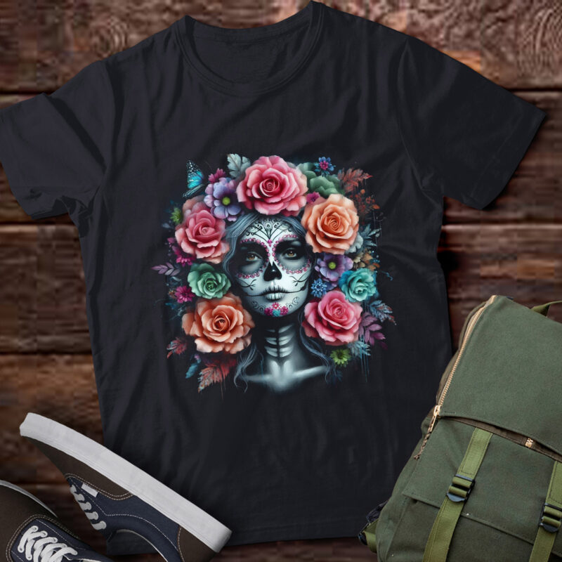 LT709-De Los Muertos La Catrina Day of the Dead Women Sugar Skull T-Shirt