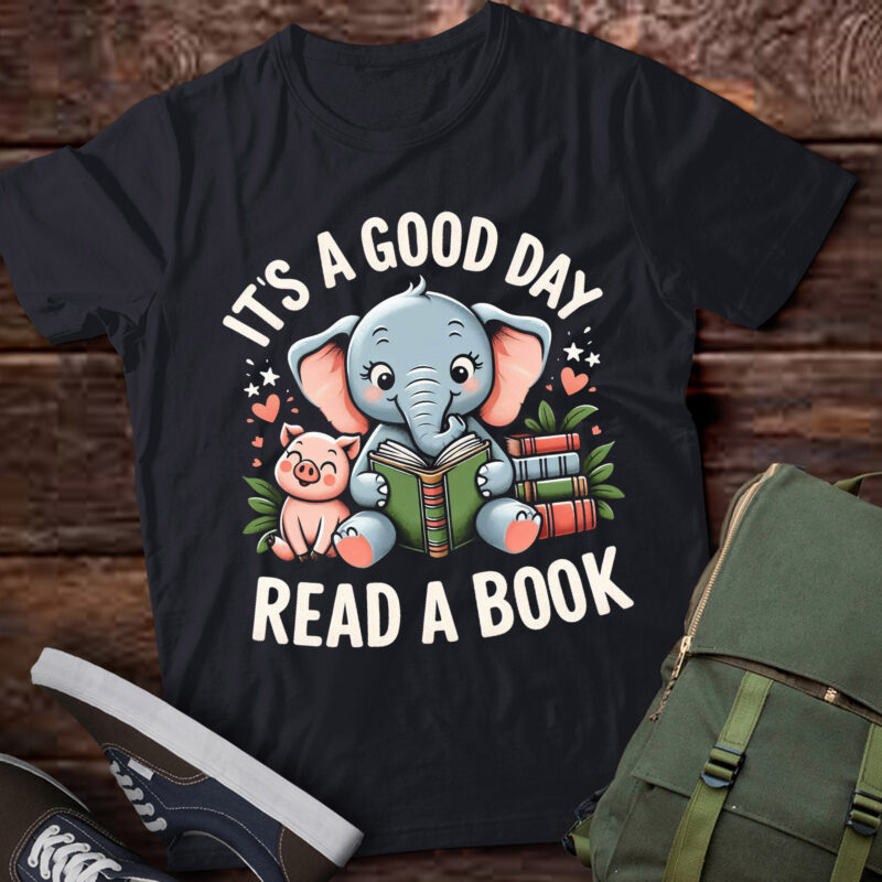 LT711-Its A Good Day To Read Book Lover Cute Pig And Elephant T-Shirt