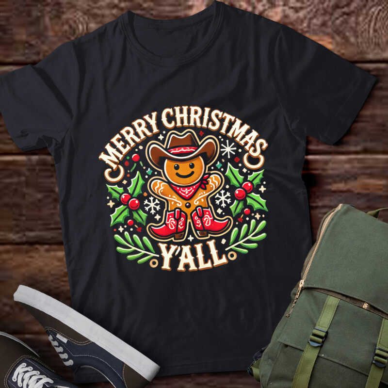 LT812-Merry Christmas Yall Gingerbread Cowboy Howdy Western Xmas T-Shirt