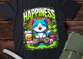 LT821-Happiness Kawaii Gamer Cat Ramen Boba Video Games & Cats T-Shirt