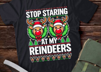 LT826-Womens Stop staring at my Reindeers Boobs Ugly Gag Xmas Sweater Short Sleeve T-Shirt