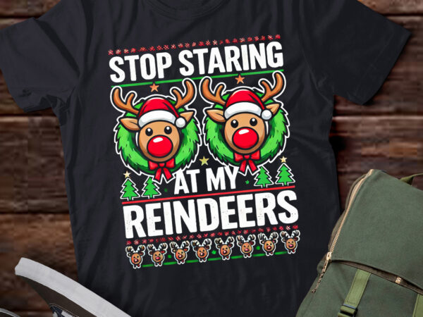 Lt826-womens stop staring at my reindeers boobs ugly gag xmas sweater short sleeve t-shirt