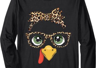 Leopard Print Thanksgiving Turkey Face Glasses Women Girls Long Sleeve T-Shirt