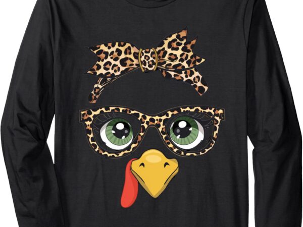 Leopard print thanksgiving turkey face glasses women girls long sleeve t-shirt