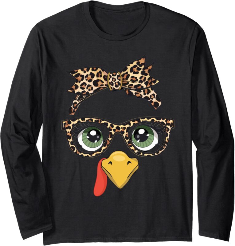 Leopard Print Thanksgiving Turkey Face Glasses Women Girls Long Sleeve T-Shirt