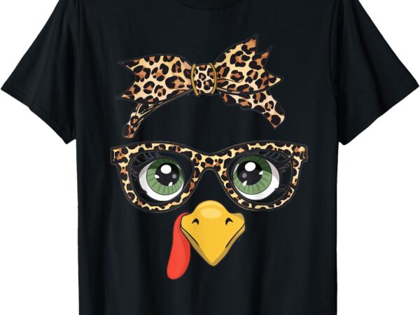 Leopard print thanksgiving turkey face glasses women girls t-shirt