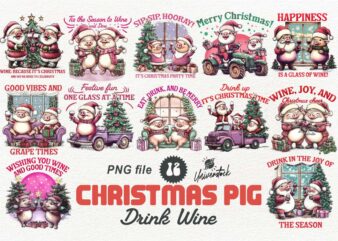 Christmas Pig Drink Wine PNG T-shirt Designs Bundle