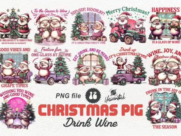 Christmas pig drink wine png t-shirt designs bundle