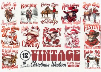 Vintage Christmas Western PNG T-shirt Designs Bundle