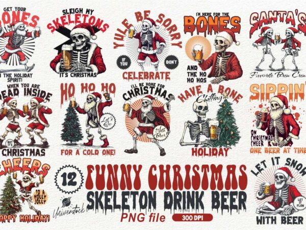 Funny christmas skeleton png t-shirt designs bundle