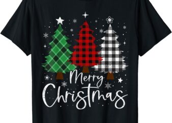 Merry Christmas 3 Xmas Trees Buffalo Plaid Family Matching T-Shirt