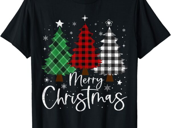 Merry christmas 3 xmas trees buffalo plaid family matching t-shirt